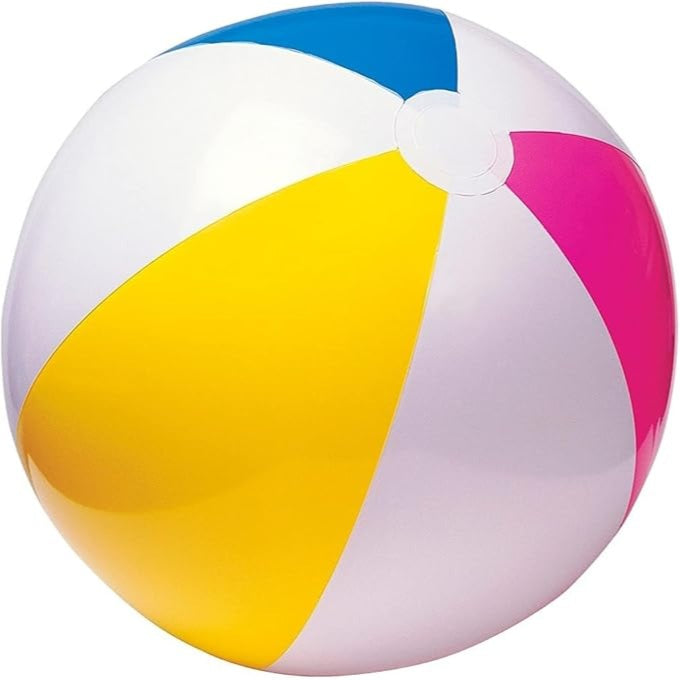 Colorful beach ball with white, yellow, blue, and pink sections on a white background