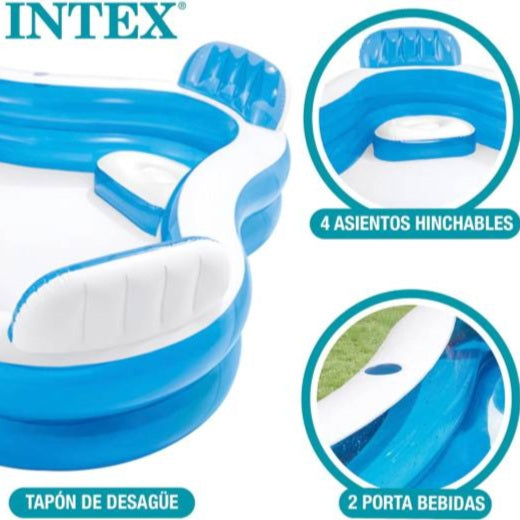 Intex inflatable pool with features highlighted on a white background