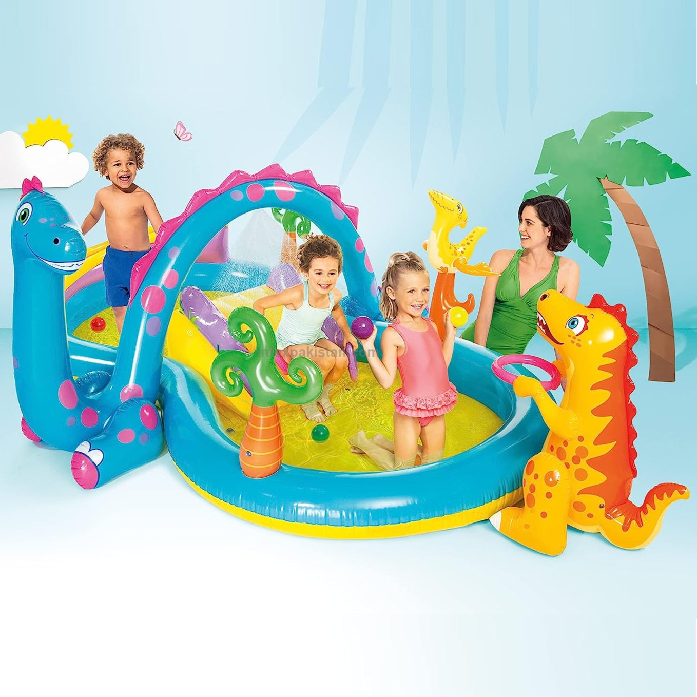 Children playing around a colorful inflatable pool with dinosaur-themed toys on a blue background.