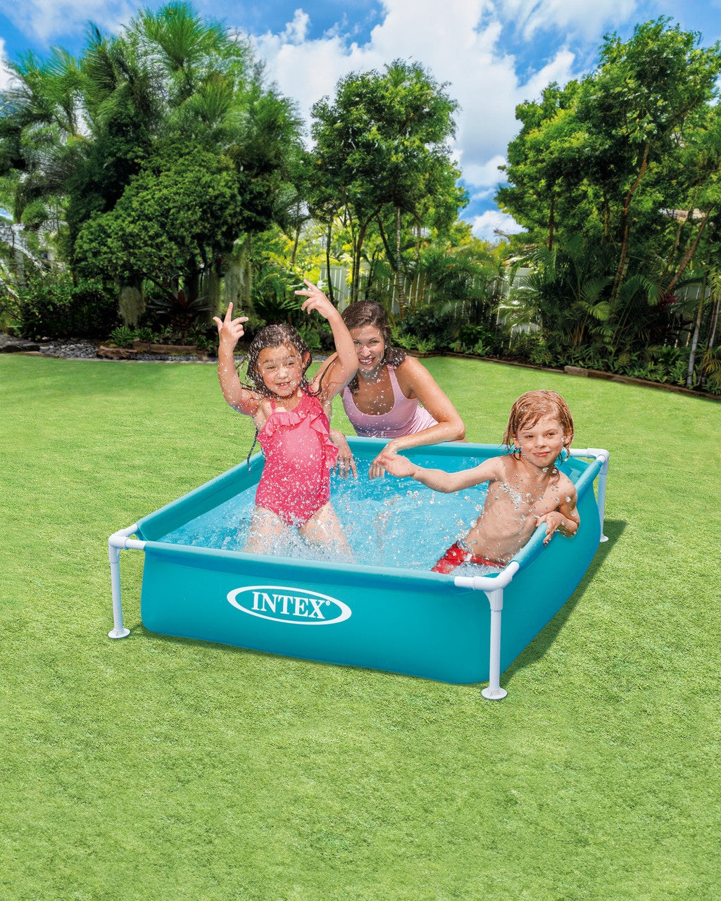 Children playing in a blue Intex paddling pool outdoors on a sunny day.
