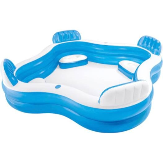 Blue and white inflatable pool float on a white background