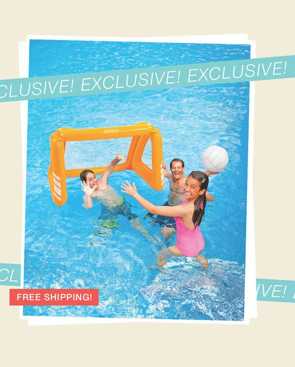 Children playing with a pool volleyball set in a pool, with promotional text overlay.