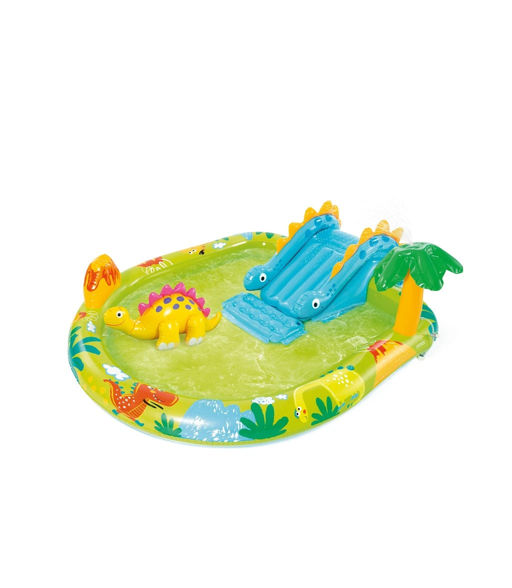 Inflatable children's water play mat with dinosaur design on a white background