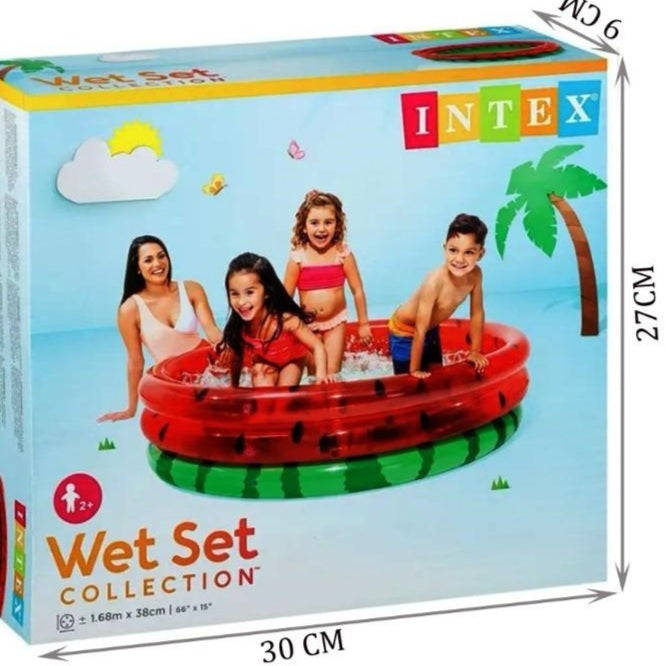 Intex inflatable pool packaging with children playing around it on a blue background
