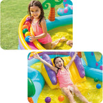 Two images of a child playing in an inflatable water slide with colorful balls on a grassy background.