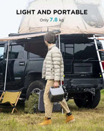 Person standing next to a vehicle with camping gear, emphasizing light and portable nature.