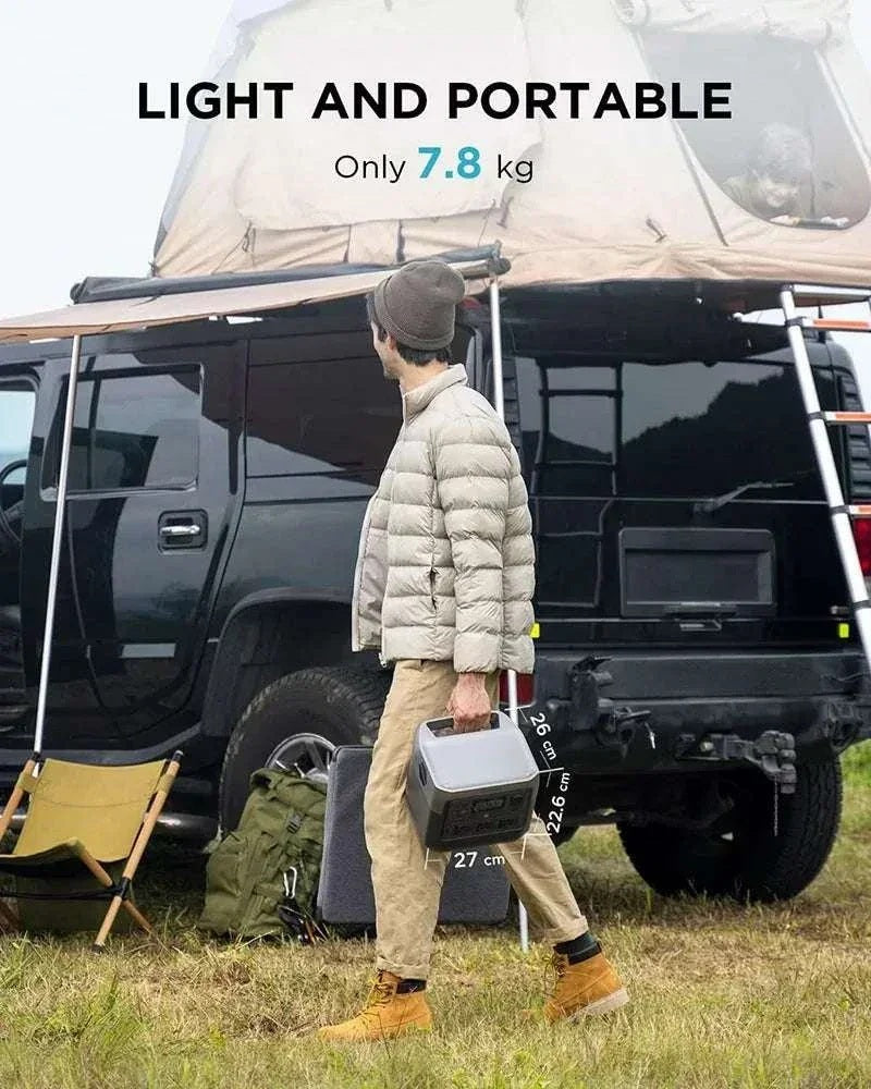 Person standing next to a vehicle with camping gear, emphasizing light and portable nature.
