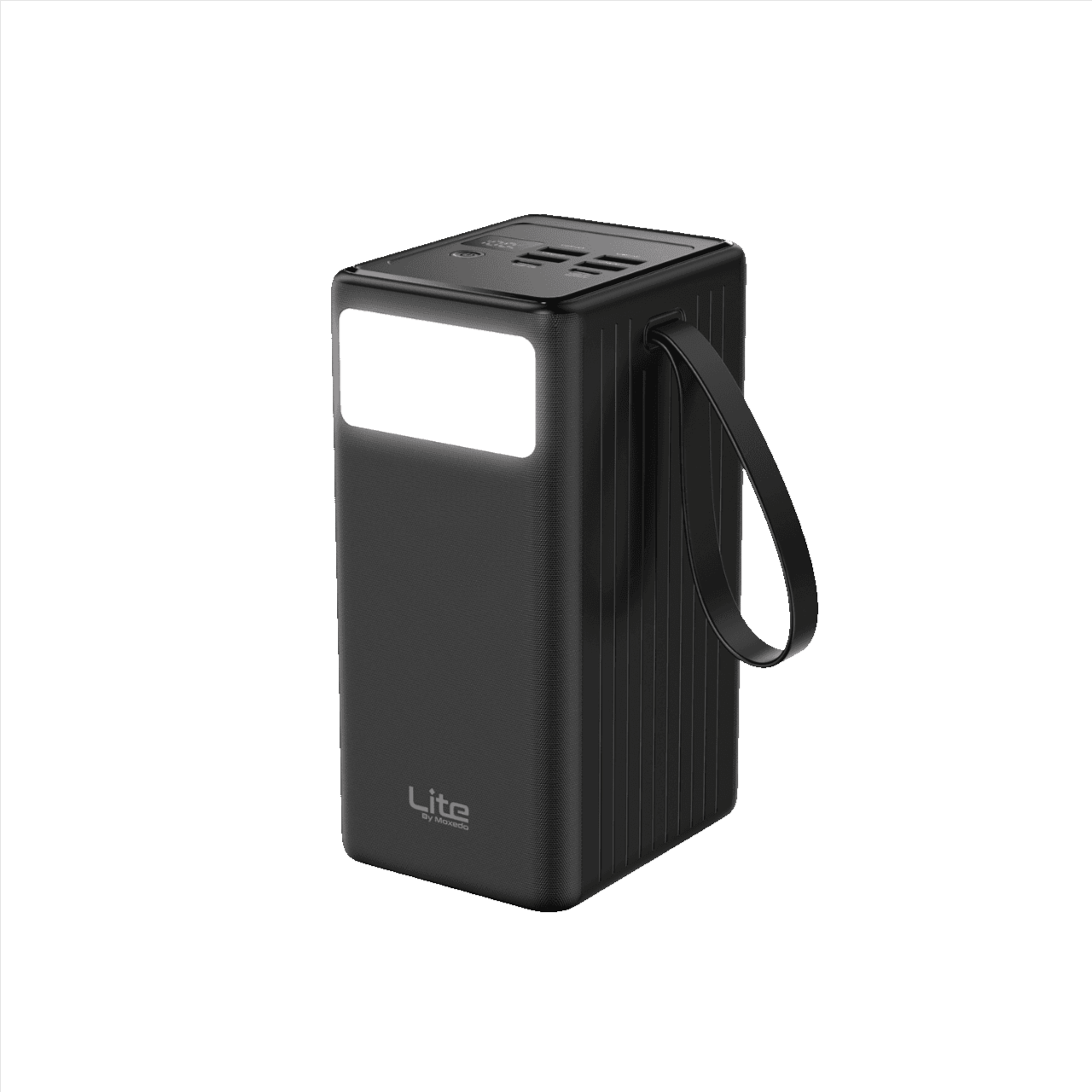 Black portable power station with handle on a white background