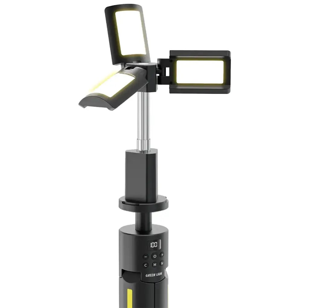Close-up of the Black Green Lion Trio Beam Camping Light's LED display and magnetic base.