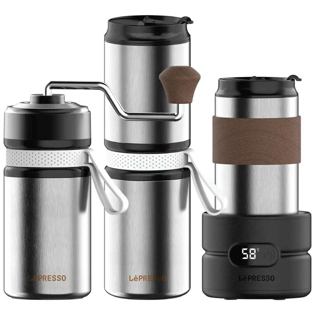 Collection of LaPrezzo coffee-making devices including a travel mug, grinder, and warmer on a white background.