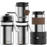 Collection of LaPrezzo coffee-making devices including a travel mug, grinder, and warmer on a white background.