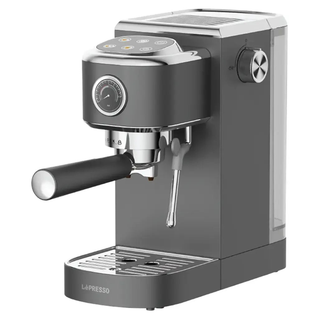 Gray espresso machine with chrome accents on a white background