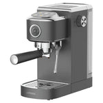 Gray espresso machine with chrome accents on a white background