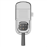 Chrome shower head with digital control panel on a white background