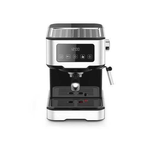 Black and silver espresso machine on a white background
