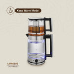 Glass electric kettle with a clear interior filled with liquid, featuring 'Keep Warm Mode' text on a beige background.