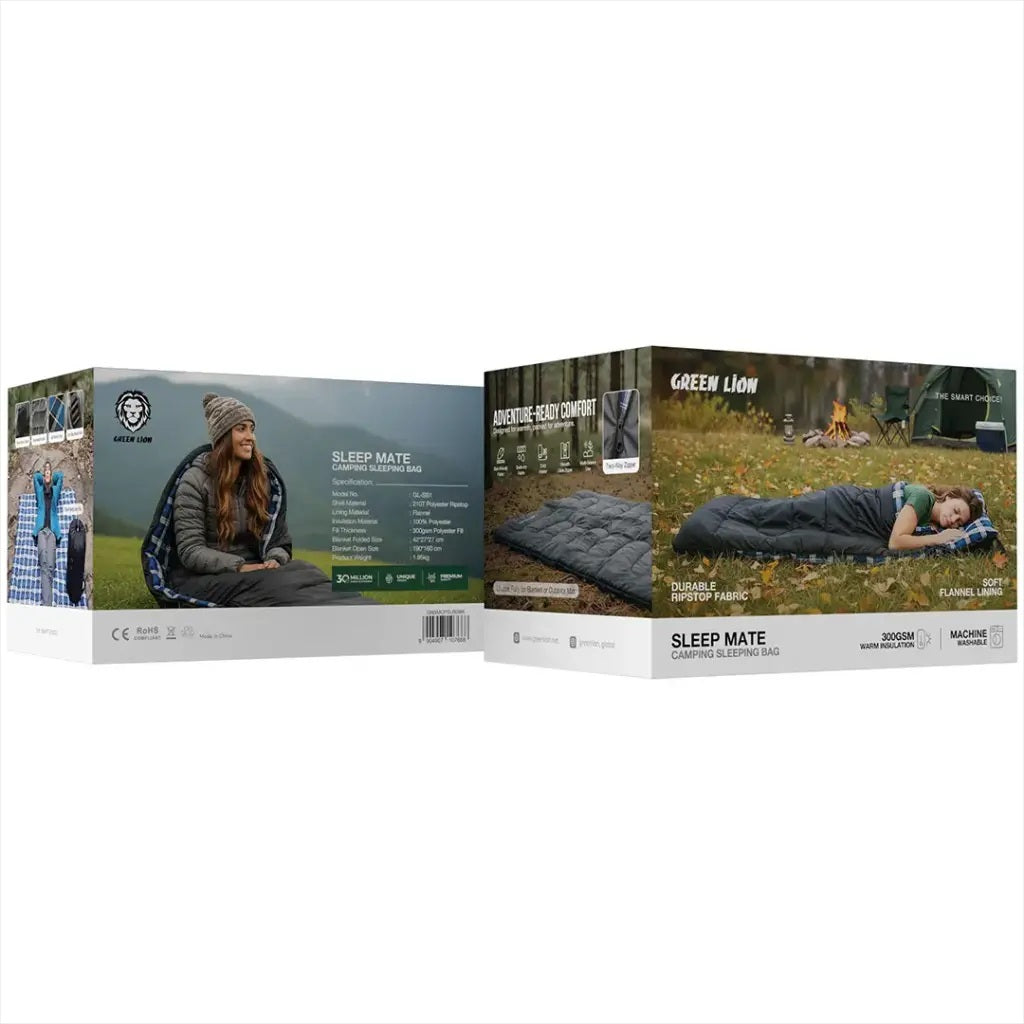 Two packaging boxes for a sleeping mat with product images and text on a white background.