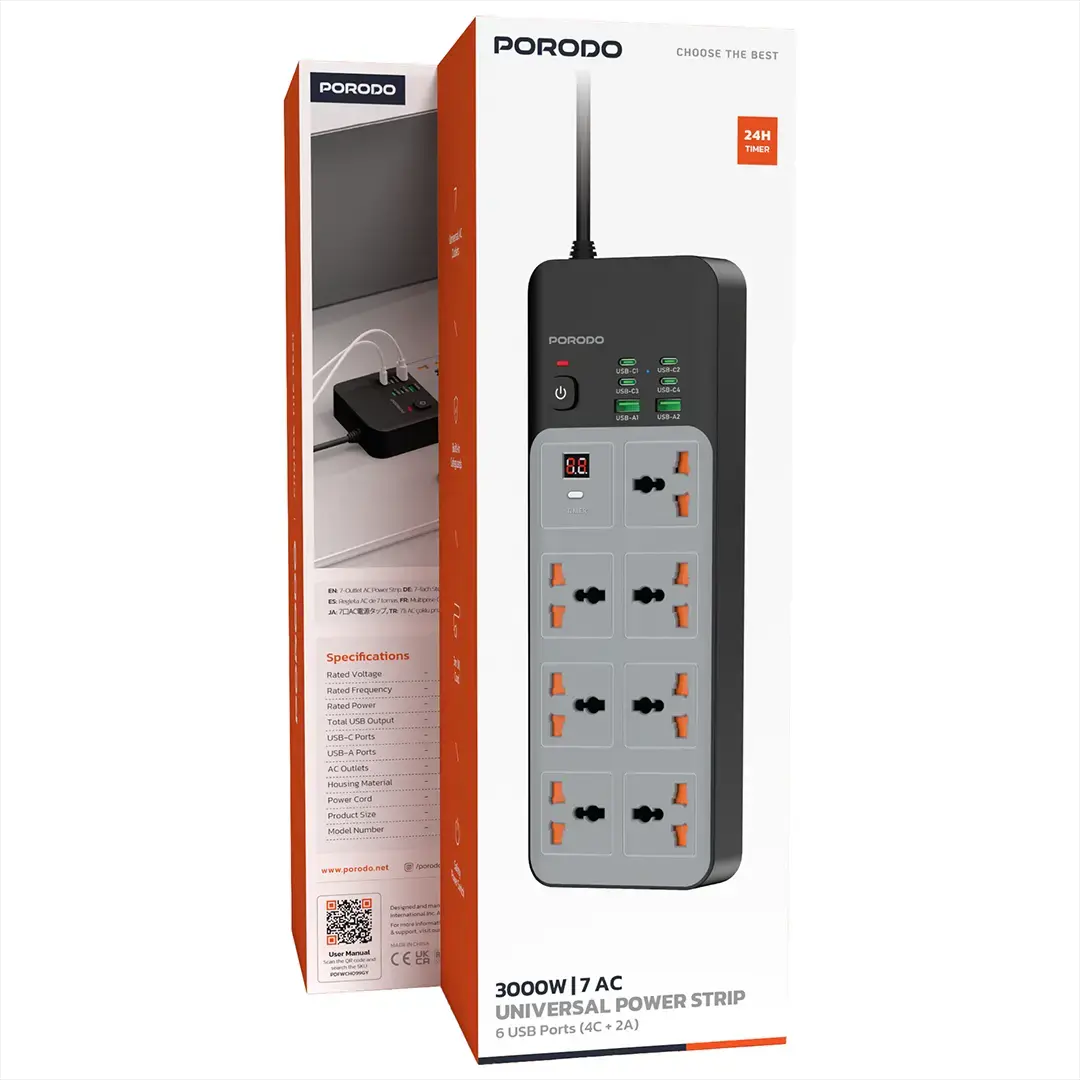Porodo 3000W | 7AC Universal Power Strip with 6 USB Ports (4C + 2A) - Gray 862