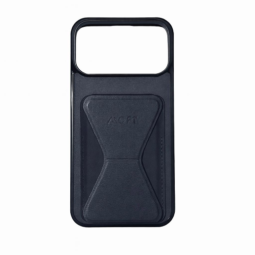 MOFT iPhone 17 Pro Max case in a premium deep blue leather finish.
