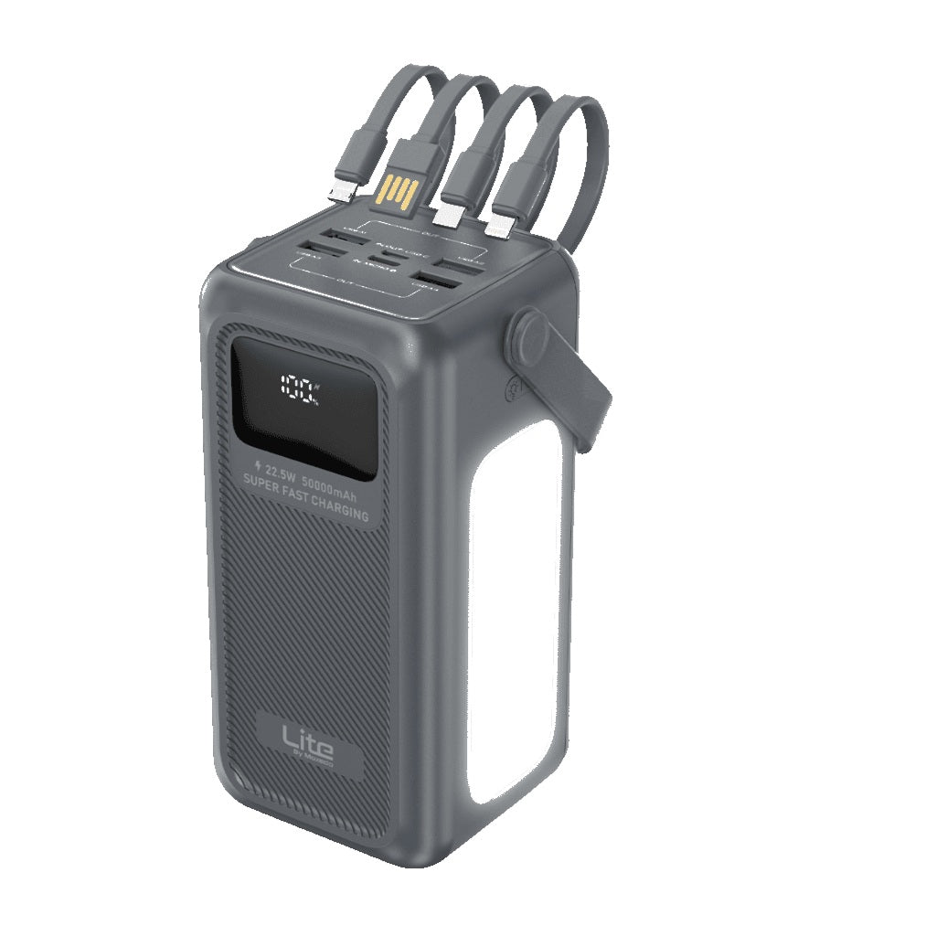 Gray power station with multiple ports and cables on a white background