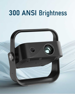 Portable 4K supported projector rotating 180 degrees for ceiling projection. Arabic: جهاز عرض محمول يدعم دقة 4K يدور بزاوية 180 درجة للعرض على السقف.