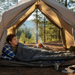 Man lying inside a tent in a forest with a campfire outside