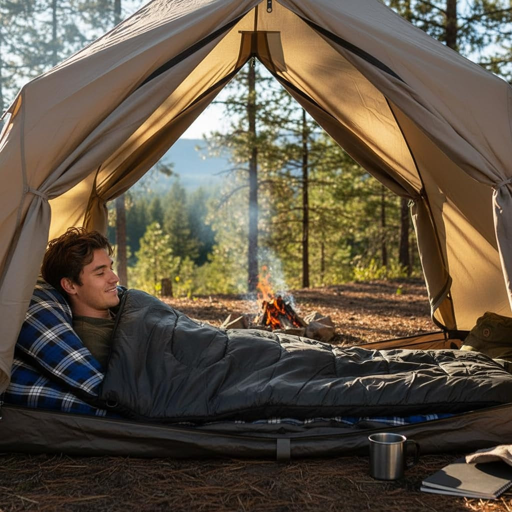 Man lying inside a tent in a forest with a campfire outside