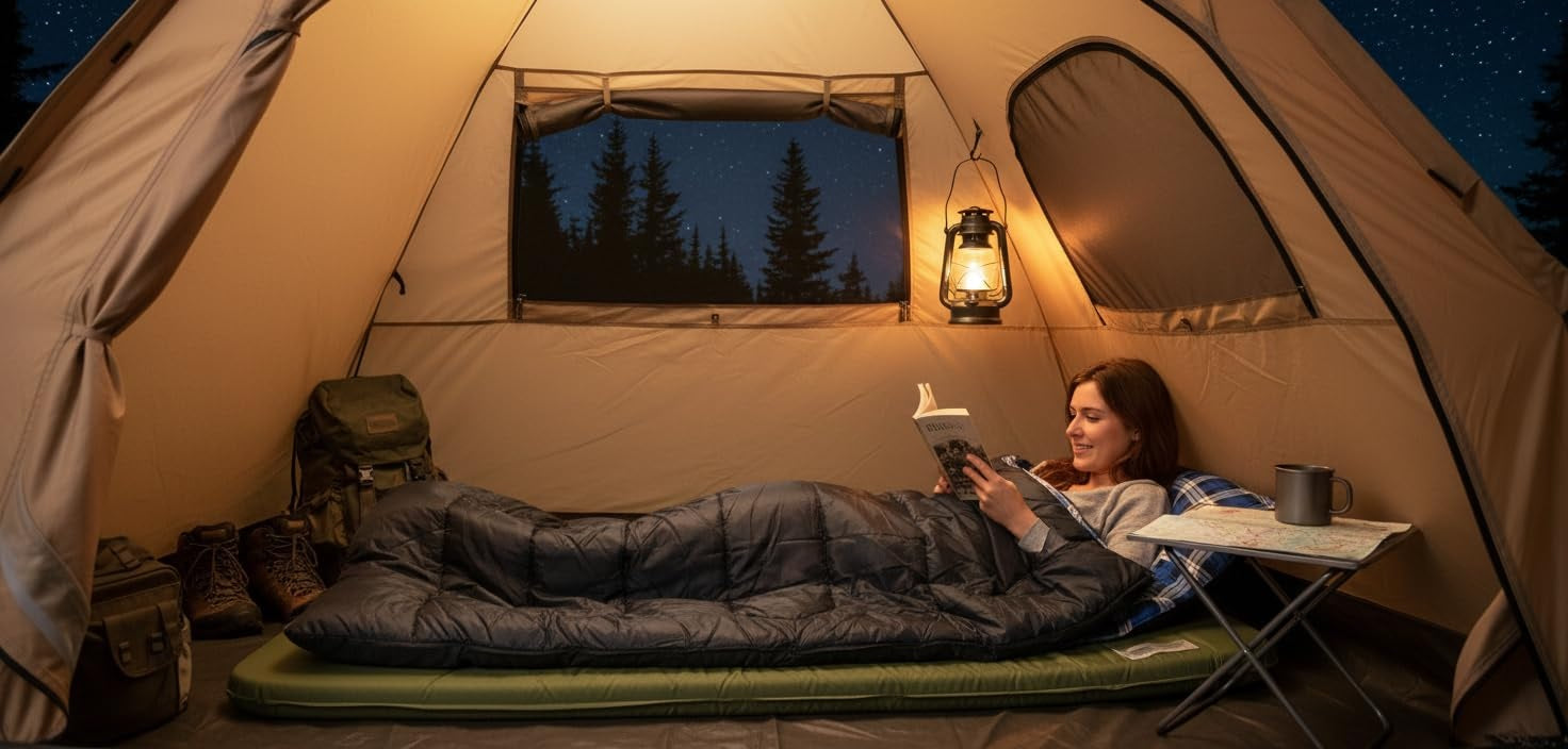 Person reading inside a tent with a view of trees at night