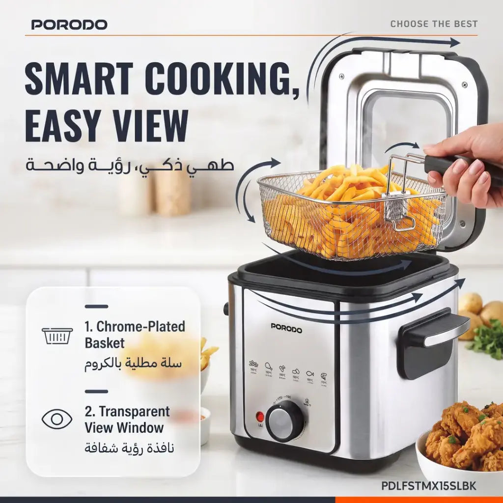 Porodo Lifestyle Crispo Single Basket Electric Deep Fryer - Silver / Black
