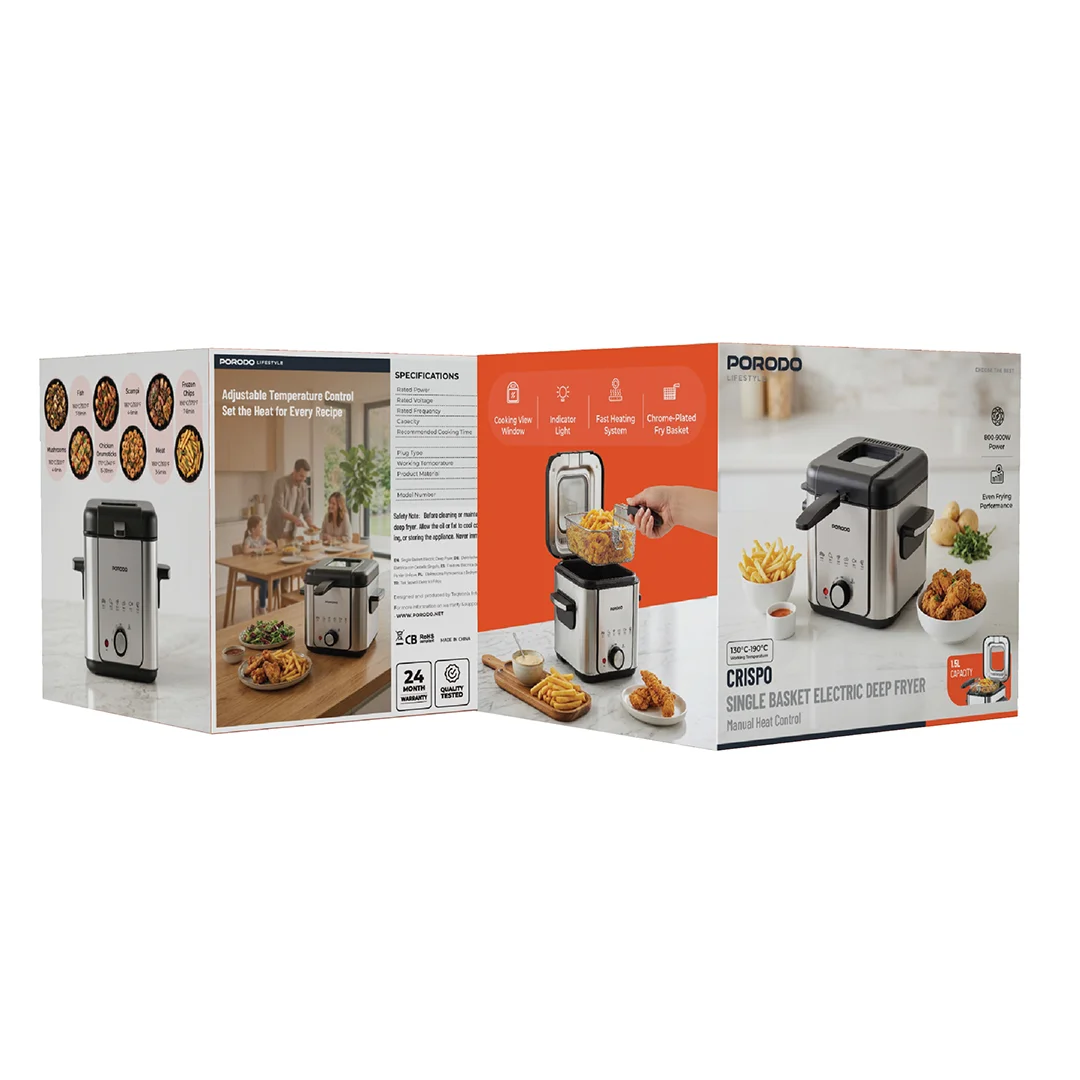 Porodo Lifestyle Crispo Single Basket Electric Deep Fryer - Silver / Black