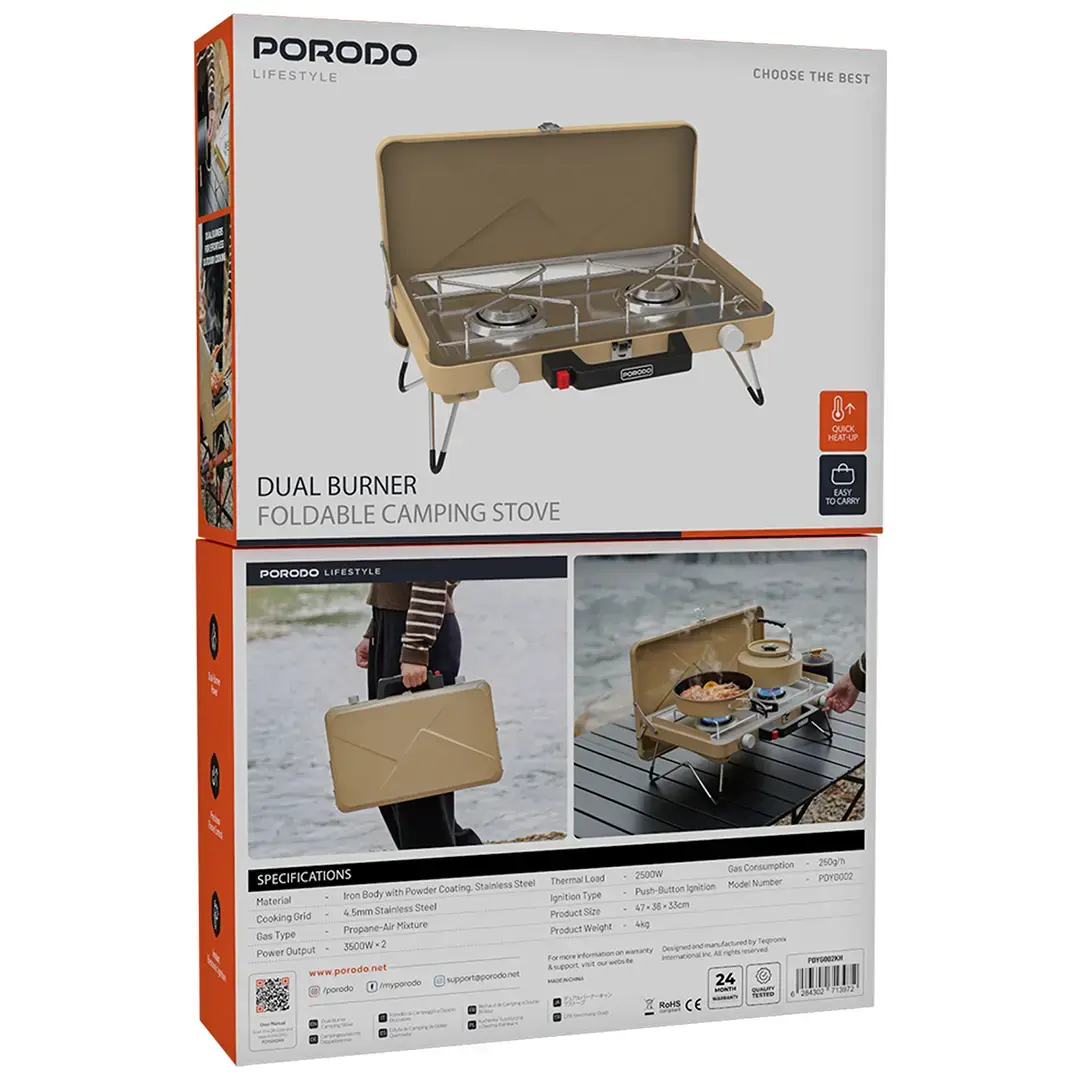 Porodo Lifestyle Dual Burner Foldable Camping Stove - Khaki