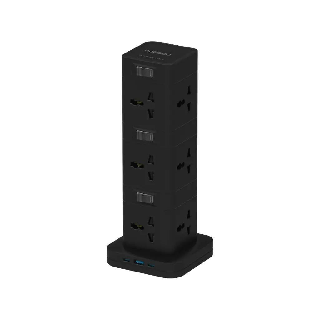 Black power strip with multiple sockets and USB ports on a white background