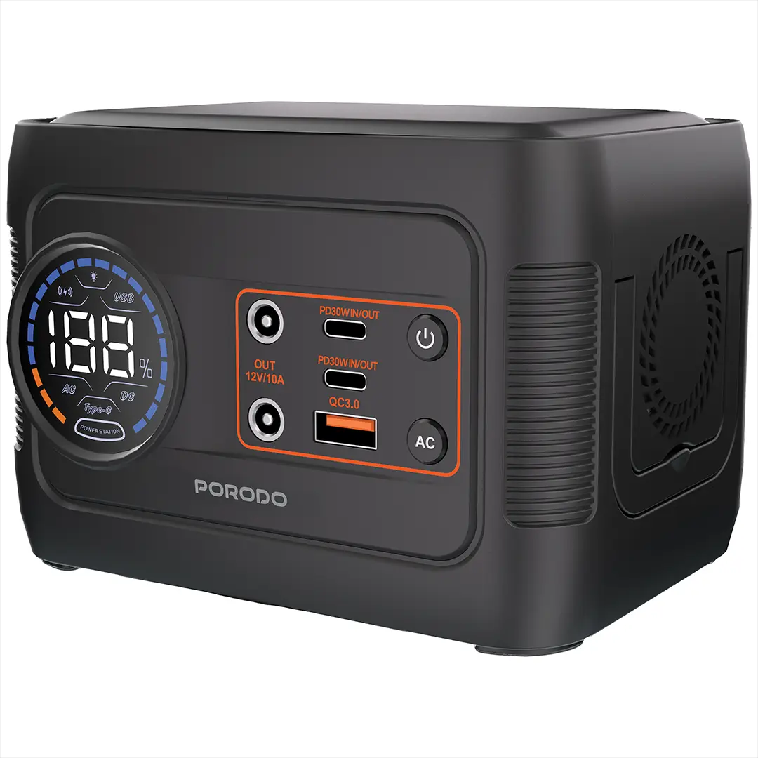 Black power station with digital display and multiple ports on a white background