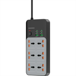 Power strip with multiple outlets and USB ports on a white background