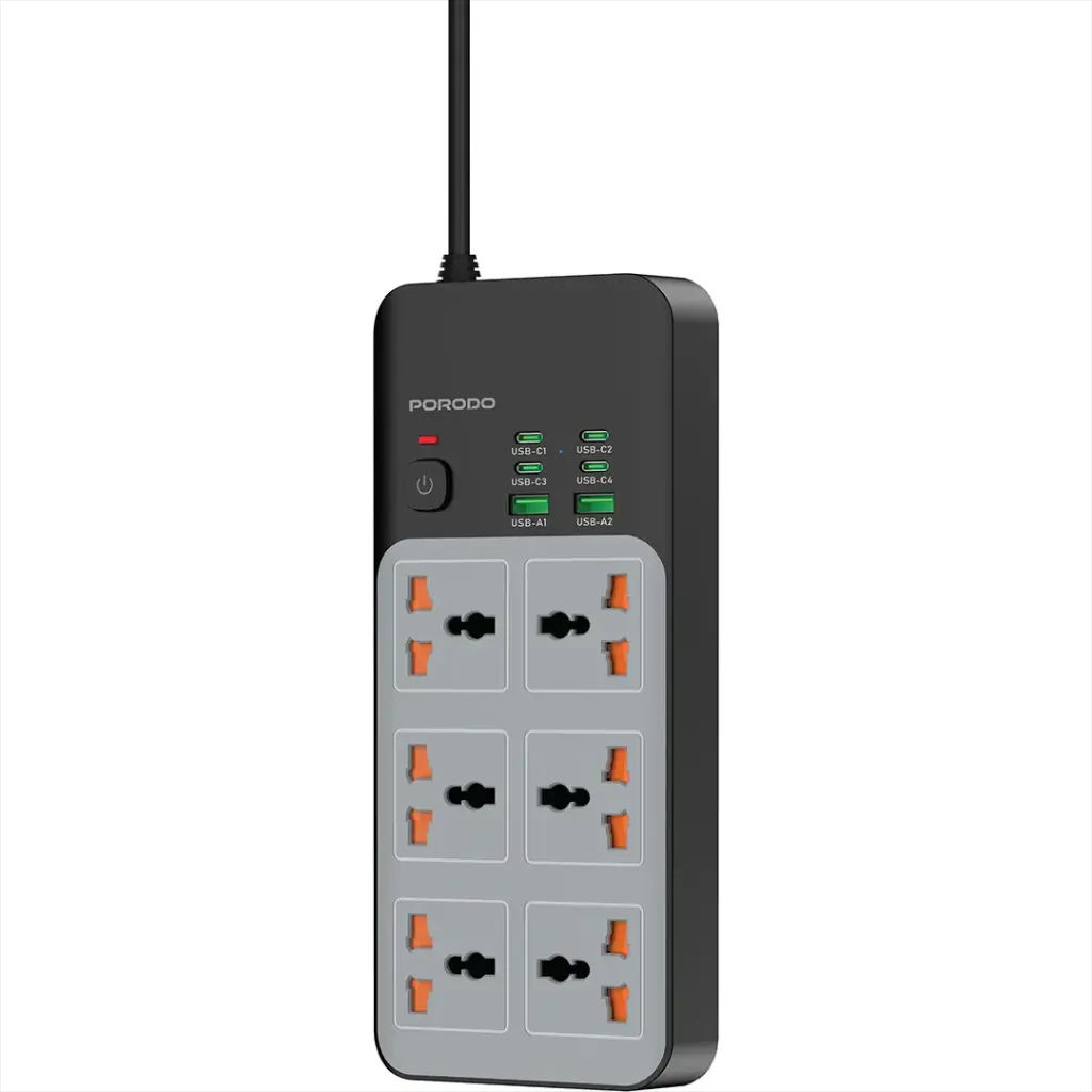 Power strip with multiple outlets and USB ports on a white background