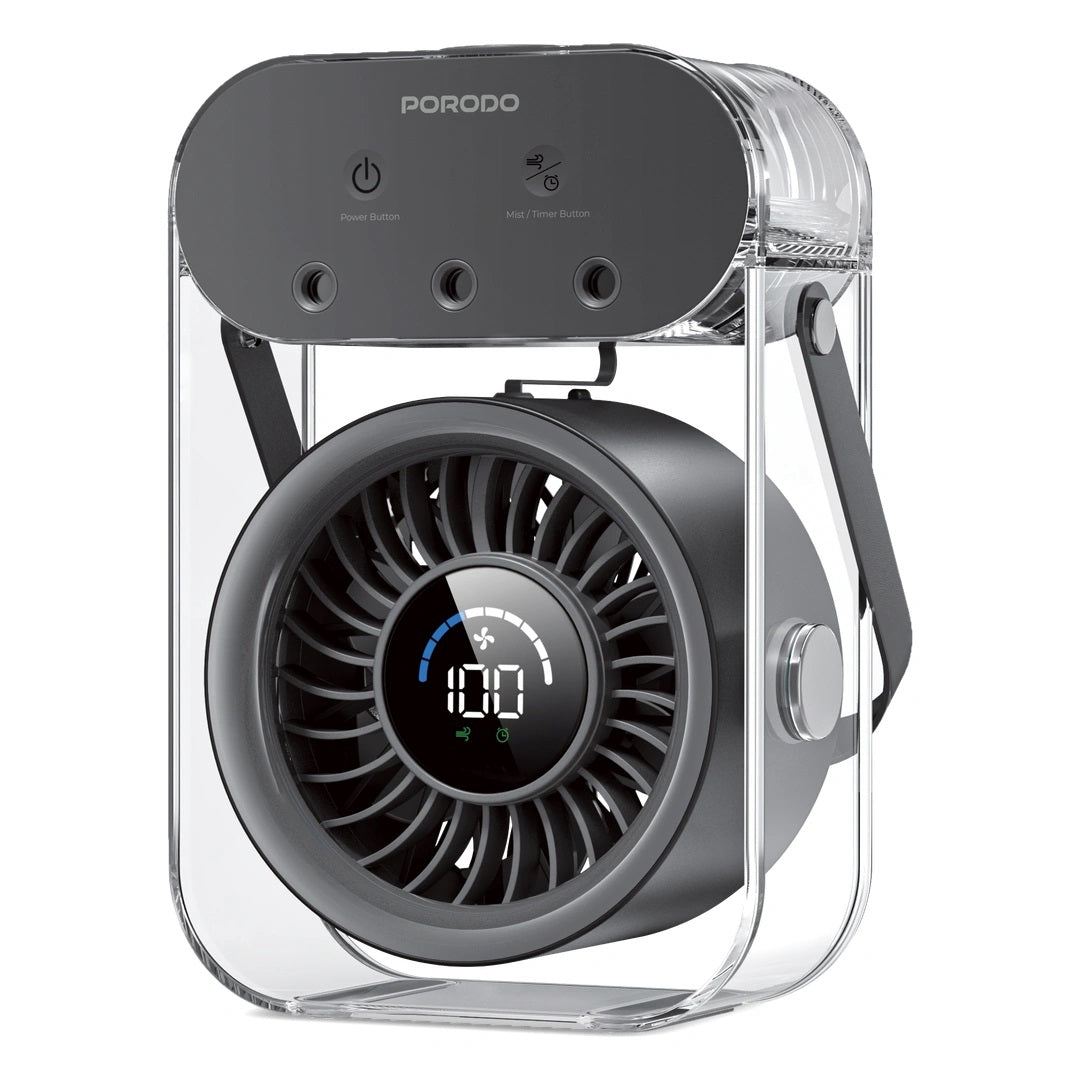 Portable fan with clear casing and visible Porodo branding on a white background