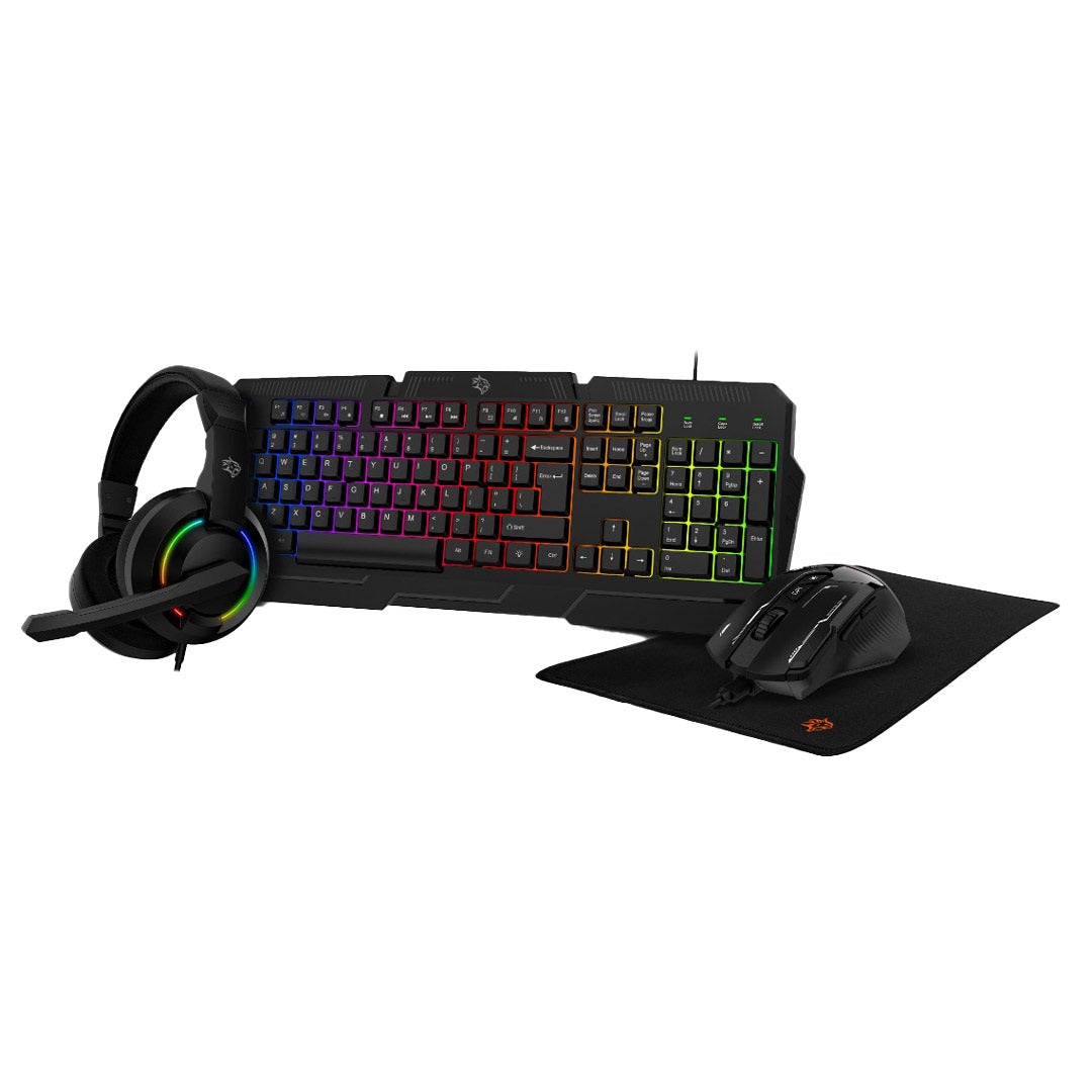Gaming setup with keyboard, mouse, headset, and mouse pad on a white background