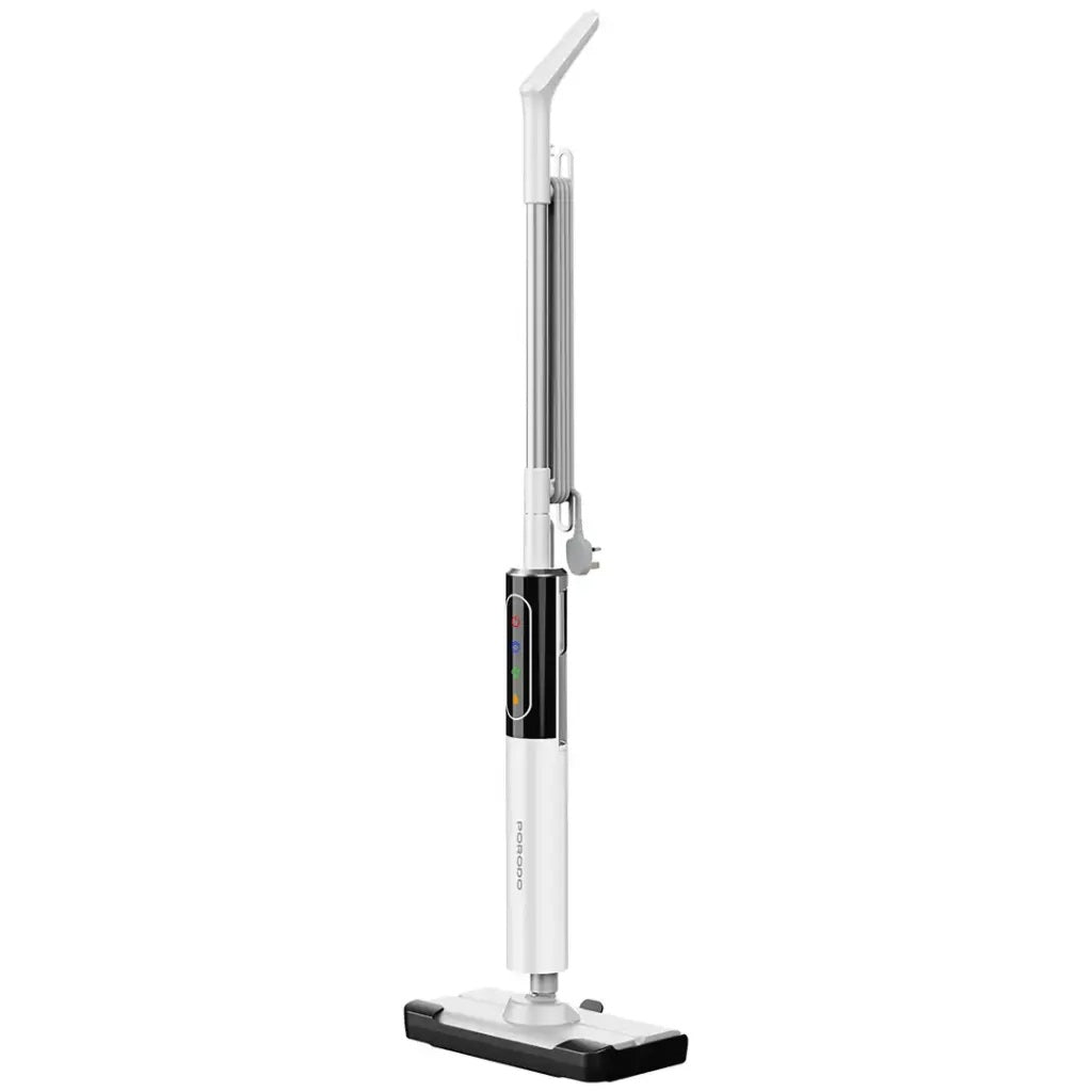 Porodo Lifestyle RapidSteam touch control steam mop in sleek white with 5m power cord."