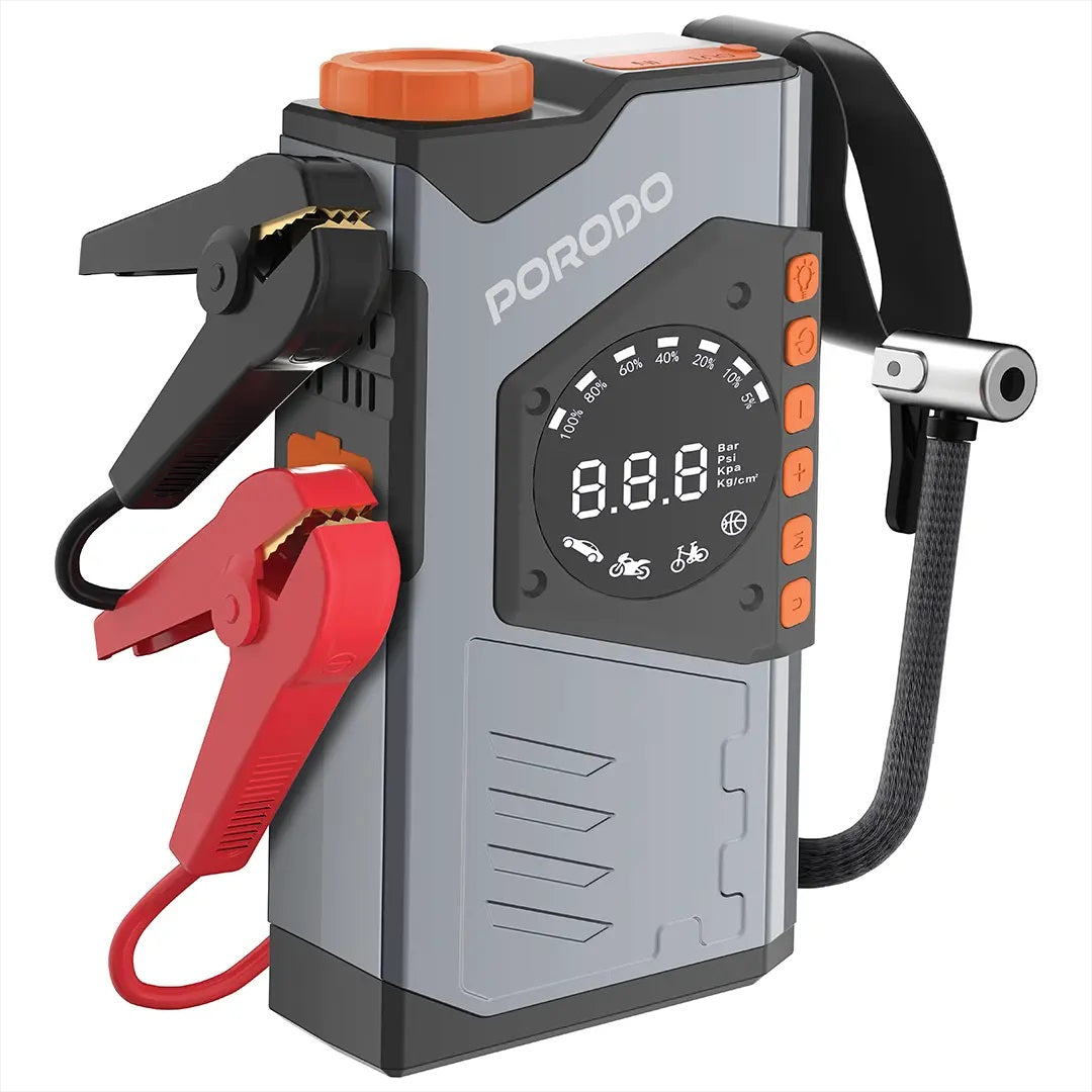 PORODO battery jump starter with digital display on a white background