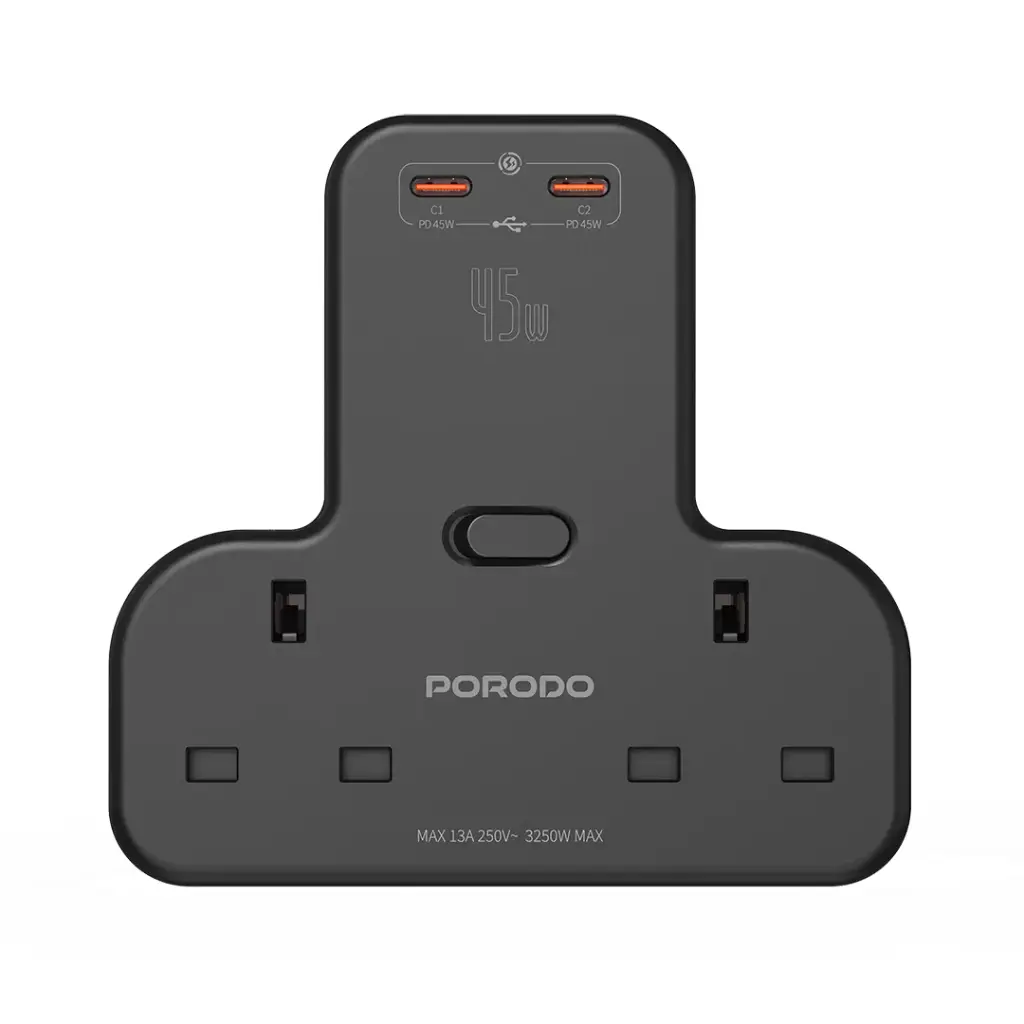 Black Porodo power adapter with multiple ports on a white background