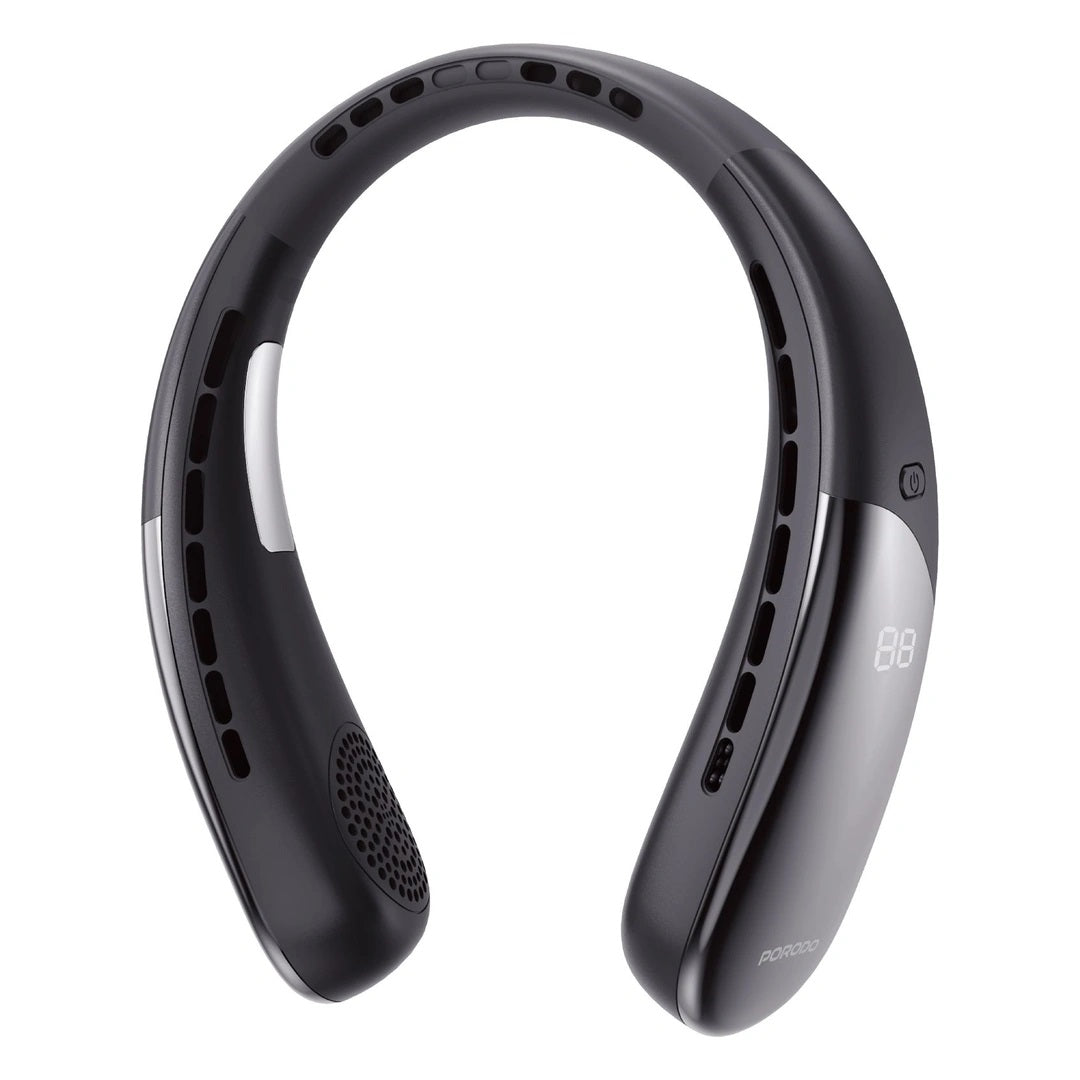 Black neckband with digital display on a white background