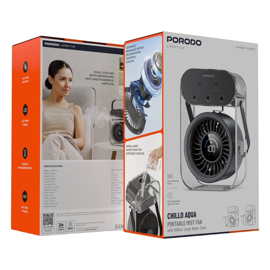 Porodo Chillo Aqua portable mist fan packaging on a white background