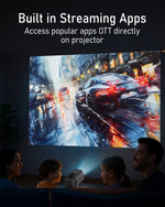 Family watching a movie on a projector screen with text about built-in streaming apps.