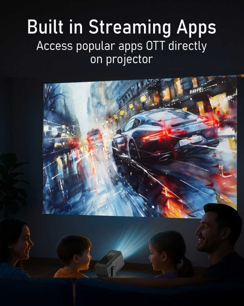 Family watching a movie on a projector screen with text about built-in streaming apps.
