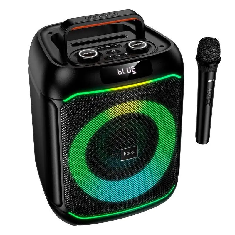 HOCO DS72 portable speaker with 8-inch driver and vibrant RGB lighting active.