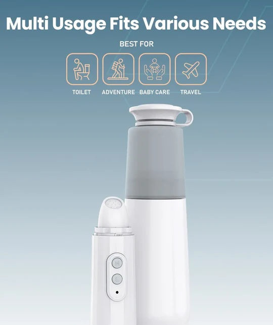 Compact handheld bidet for camping and personal hygiene.	شطاف يدوي مدمج للتخييم والنظافة الشخصية.