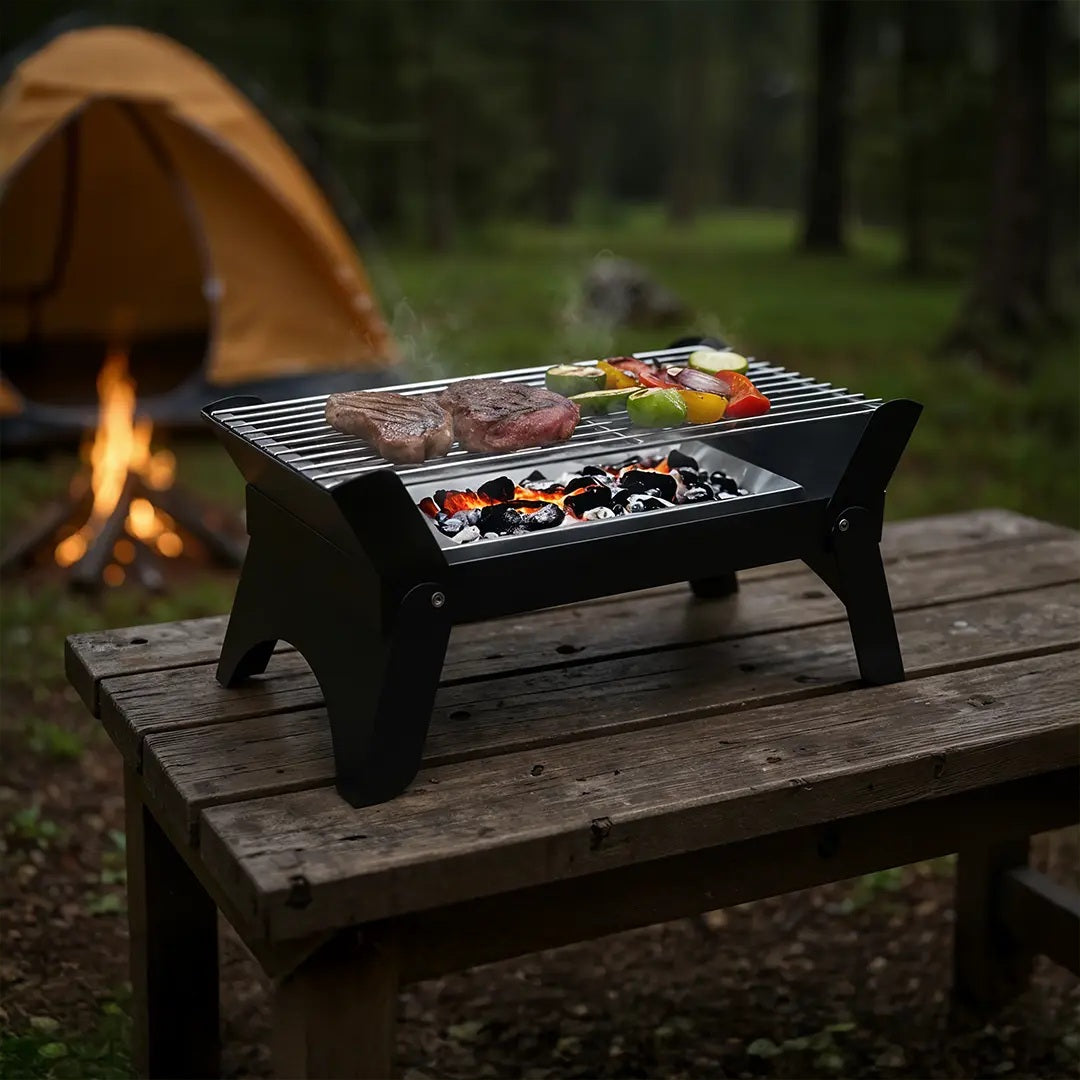 Detailed view of the sturdy steel grilling surface (45x24.5cm) of the Green Lion Qudra grill.