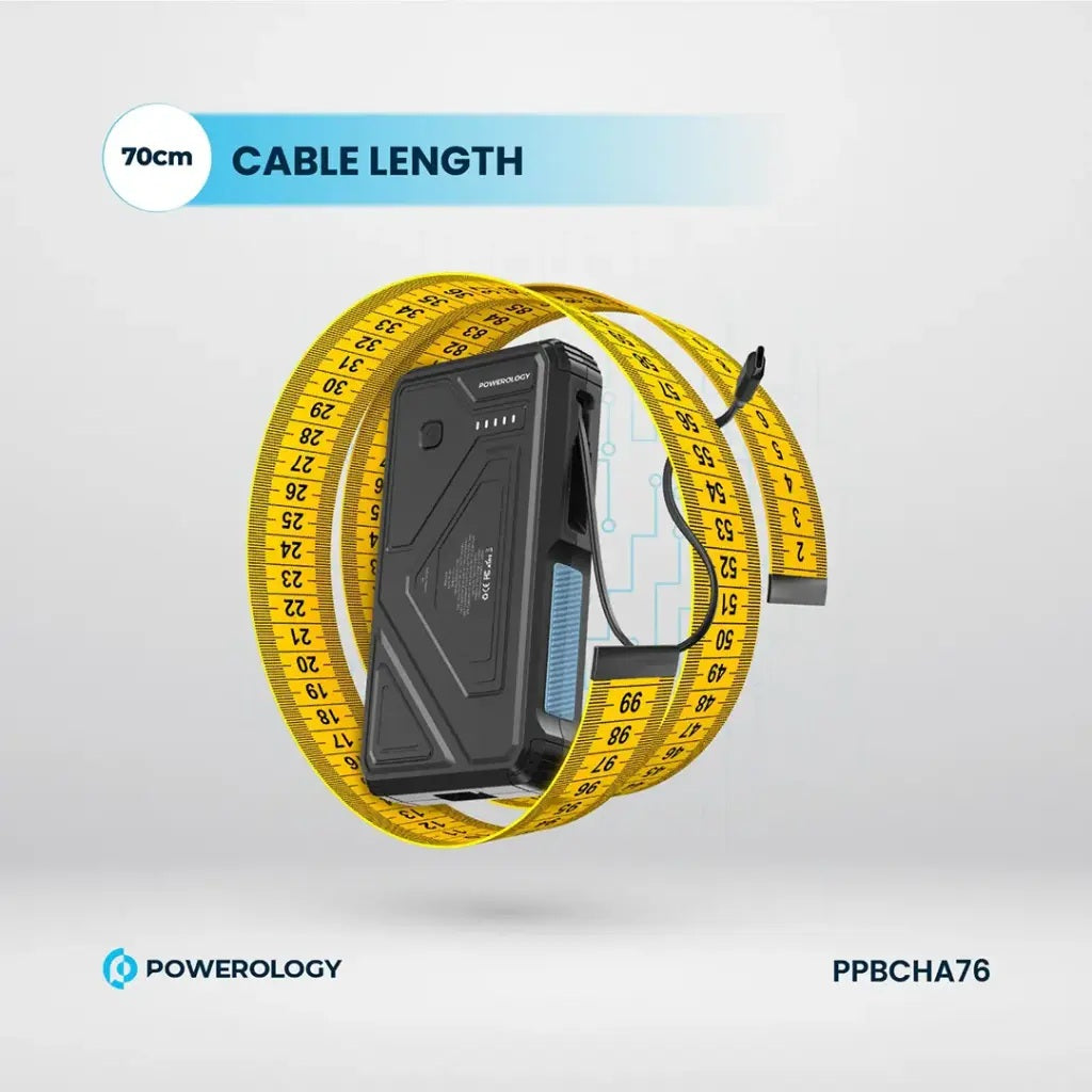 Black power bank with yellow measuring tape on a gray background, displaying '70cm Cable Length'.