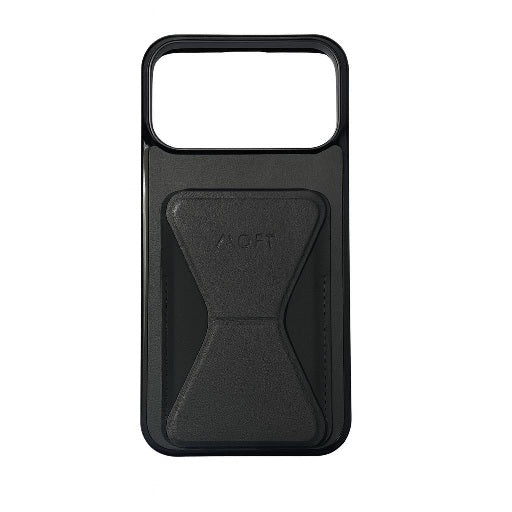Slim-fit black Moft cover being easily installed on an iPhone 17 Pro Max."