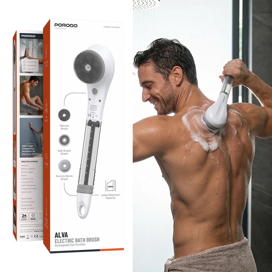 Porodo Lifestyle Alva Electric Bath Brush with Rechargeable Spin Scrubber & Lotion Dispenser - Grey